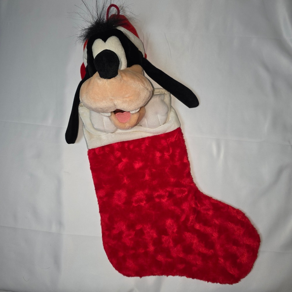 Vtg Walt Disney‎ World Goofy Plush 3D Christmas Stocking Red Faux Fur Santa Hat